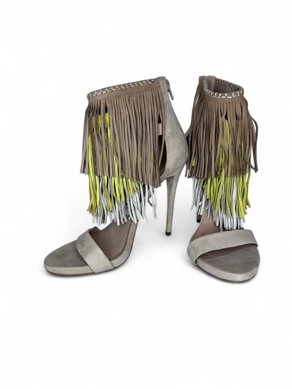 ALDO Rivamonte Fringe Tassel Suede Stiletto High Heels Taupe with Yellow & White